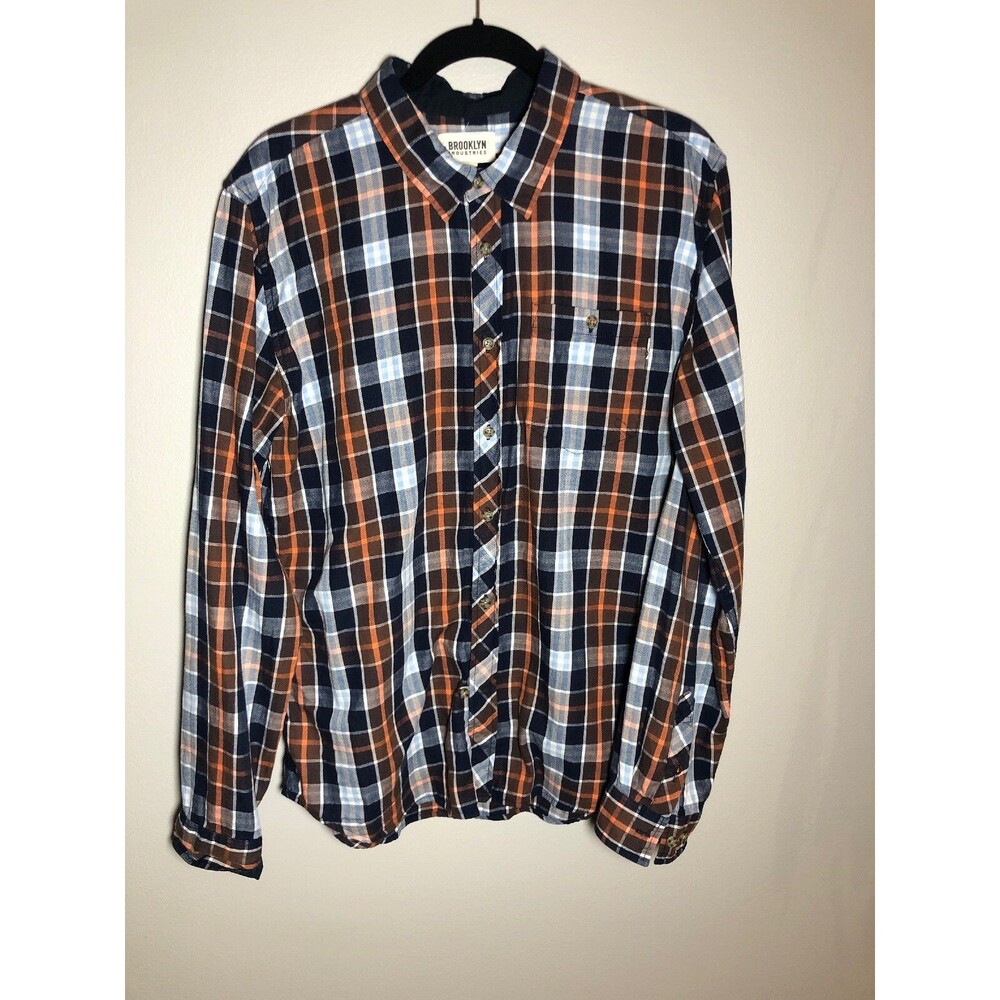 Brooklyn Industries Large Mens Plaid Shirt L Blue Orange Long Sleeve Button Down